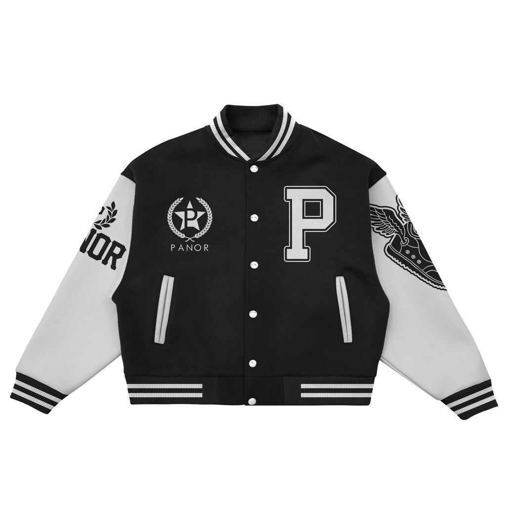 (BLACK) PANOR EMBROIDERED LETTERMAN JACKET